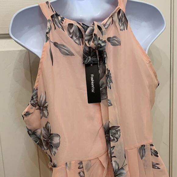 Fashion Mia Large Scoop Neck Short Sleeve Tie Back Peach Gray Floral Maxi Dress - Picture 8 of 14
